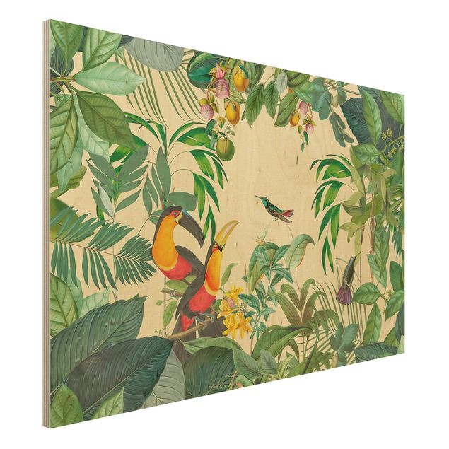 Quadri in legno vintage Collage vintage - Uccelli nella giungla