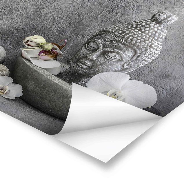 Stampe Buddha Zen, orchidea e pietra