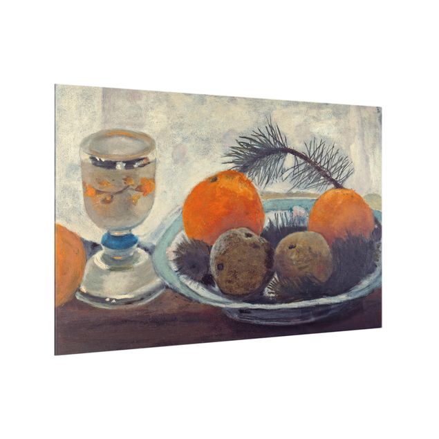Quadri espressionismo Paula Modersohn-Becker - Natura morta con tazza di vetro smerigliato, mele e ramo di pino
