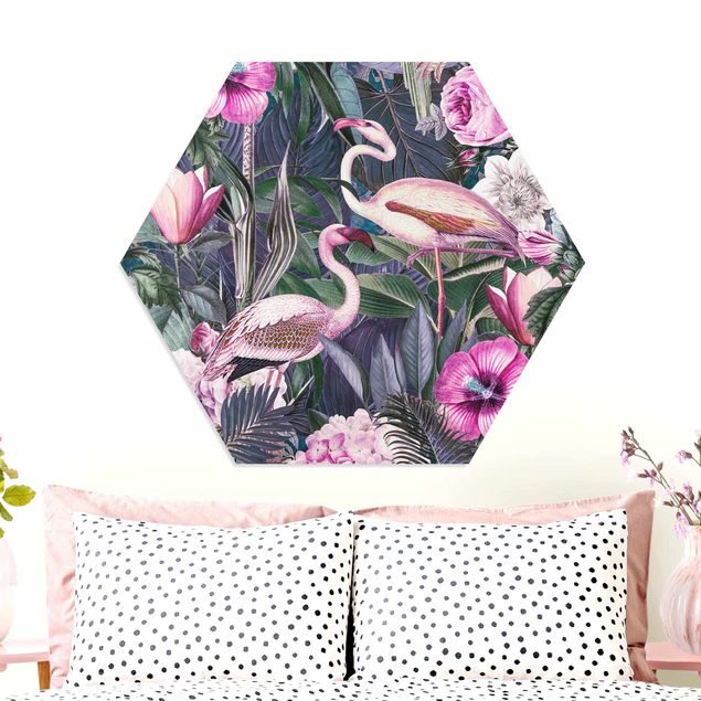 Quadri con animali della giungla Collage colorato - Fenicotteri rosa nella giungla
