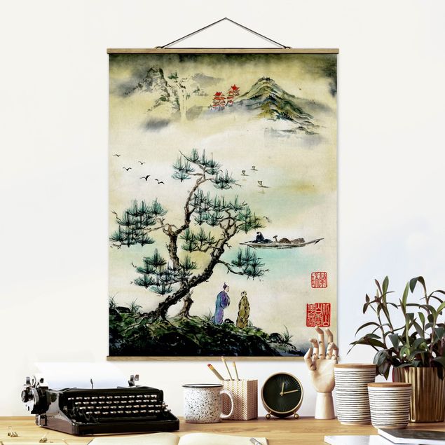 Quadri con paesaggio Disegno acquerello giapponese pino e villaggio di montagna