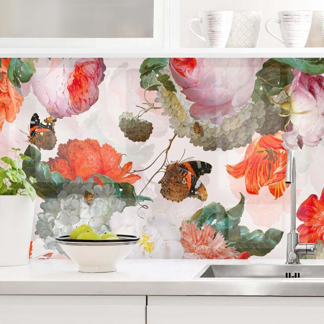 Rivestimenti per cucina con fiori Fiori rossi con farfalle