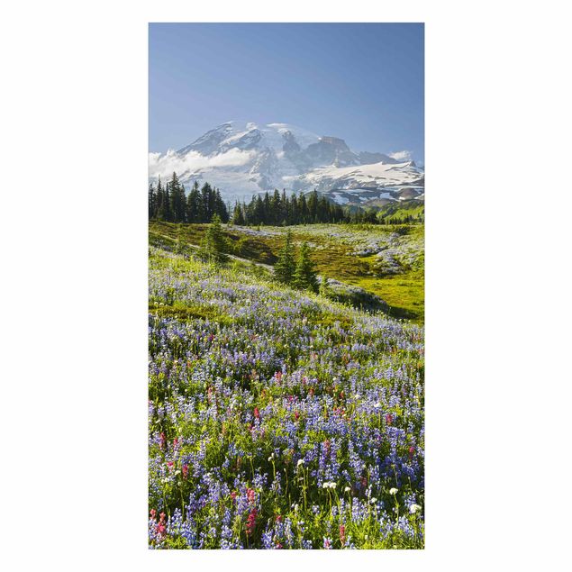 Rivestimento per doccia - Prato di montagna con fiori blu davanti al monte Rainier