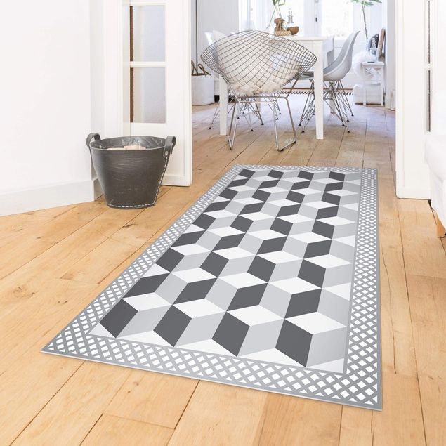 tappeto ingresso esterno Piastrelle geometriche Illusione di scale in grigio con bordo