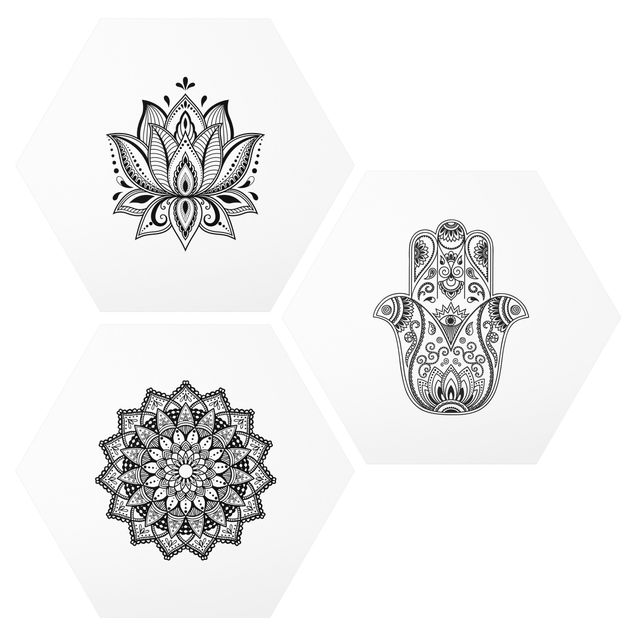 Stampe Mandala Hamsa mano Lotus Set su bianco