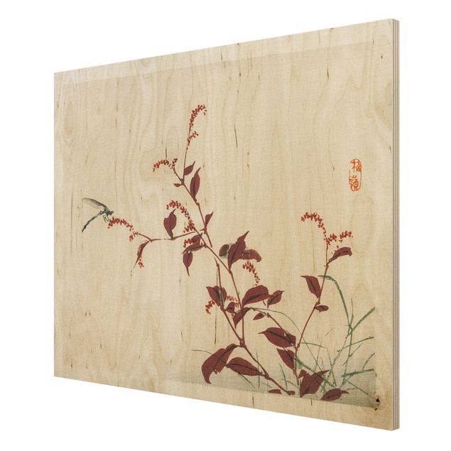 Quadri stampe Disegno vintage asiatico ramo rosso con libellula