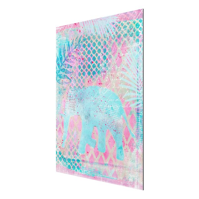 Quadro moderno Collage colorato - Elefante in blu e rosa
