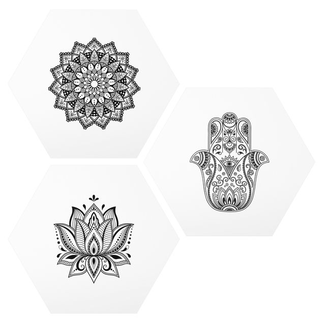 Esagono in Alluminio Dibond - Set Mandala mano di Hamsa Lotus On White