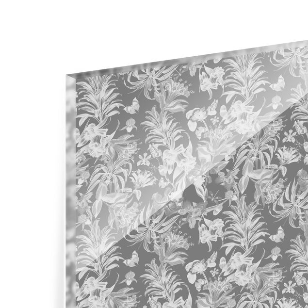 Paraschizzi in vetro - Fiori tropicali su sfondo grigio - Formato orizzontale 2:1
