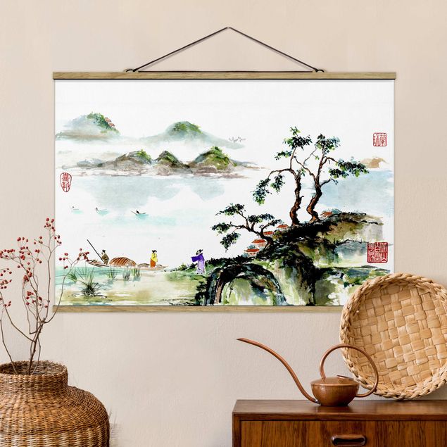 Quadri paesaggistici Disegno giapponese ad acquerello di lago e montagne