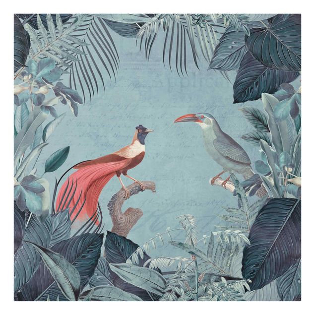 Quadri Andrea Haase Paradiso grigio blu con uccelli tropicali