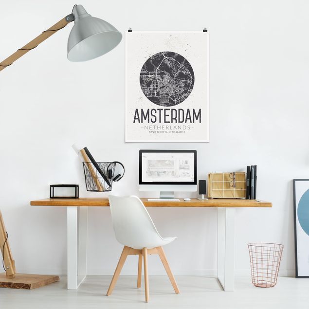 Quadri bianco e nero Mappa della città di Amsterdam - Retrò