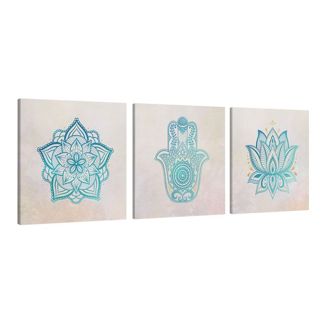 Quadro moderno blu Mandala Hamsa mano e loto - Set Oro Blu
