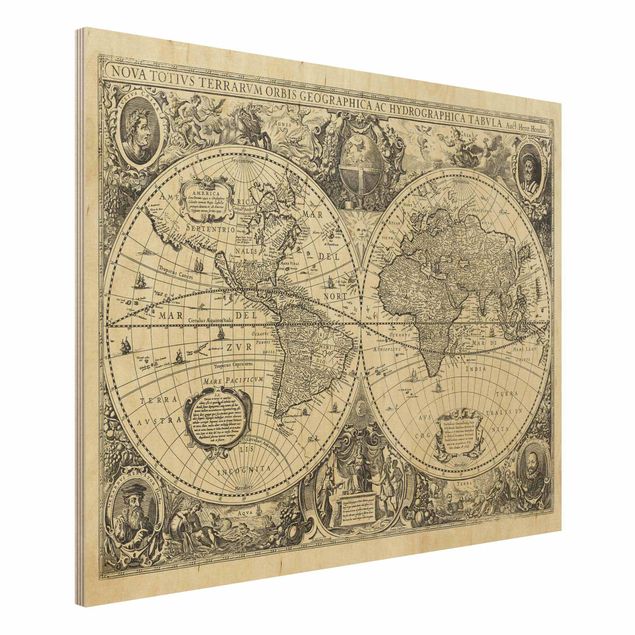 Quadri in legno vintage Mappa del mondo vintage Illustrazione antica