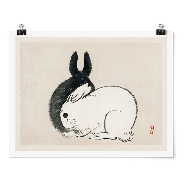 Poster in bianco e nero Disegno vintage asiatico di due coniglietti