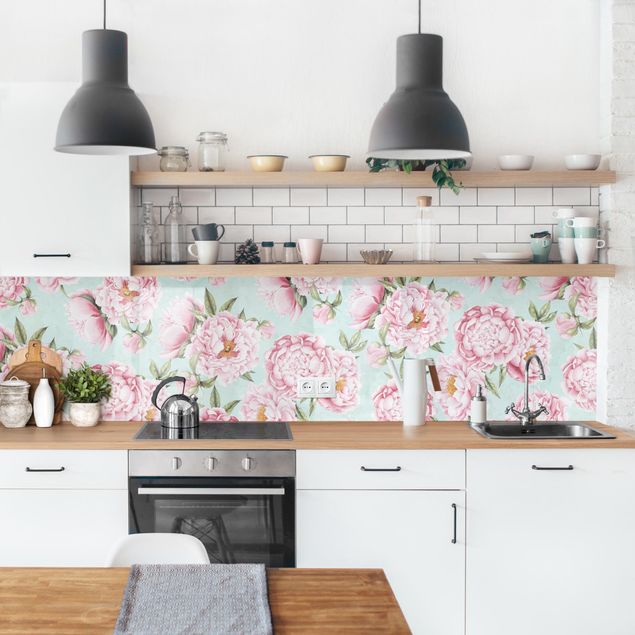 Rivestimento cucina con disegni Fiori rosa su verde menta in acquerello