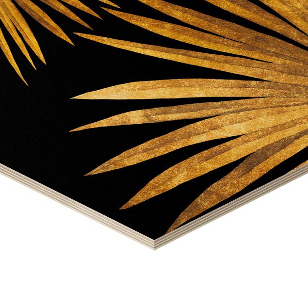 Esagono in legno - Gold - Palm Leaf On Black