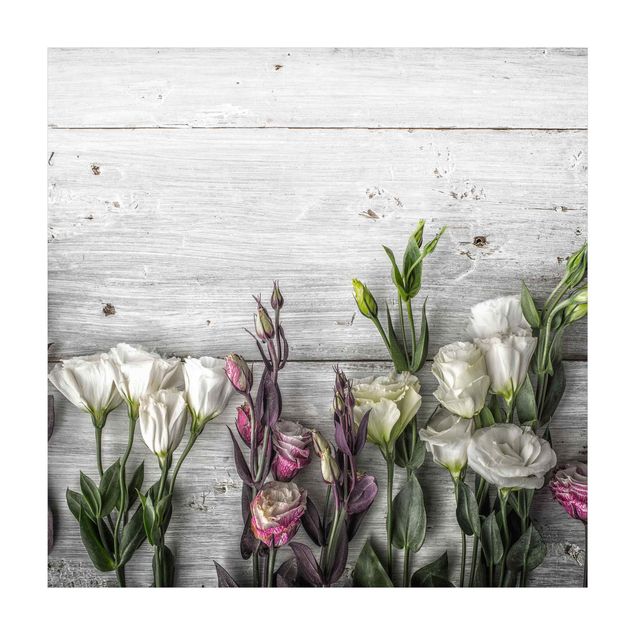 tappeto salotto moderno grigio Tulipano Rosa su Legno Shabby
