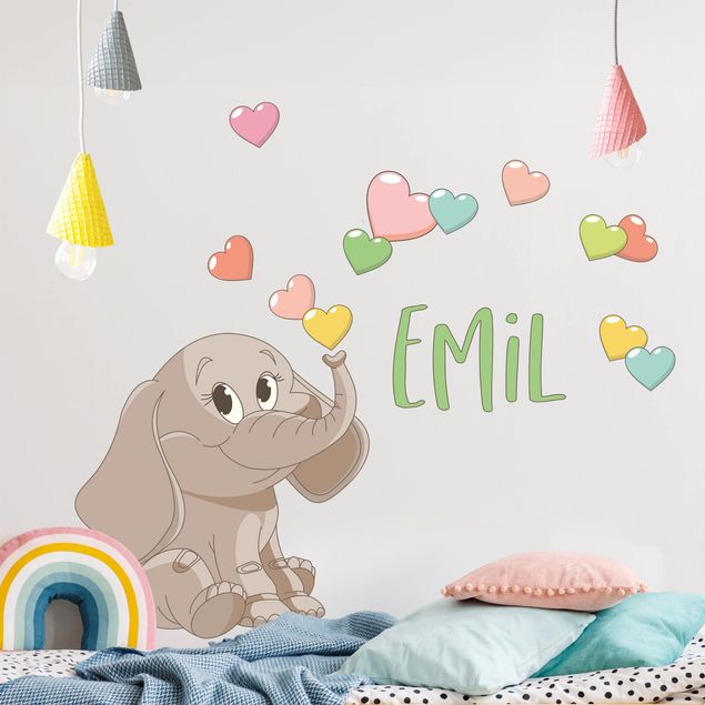 Adesivo murale bambini - Elefante arcobaleno con cuori e nome personalizzato
