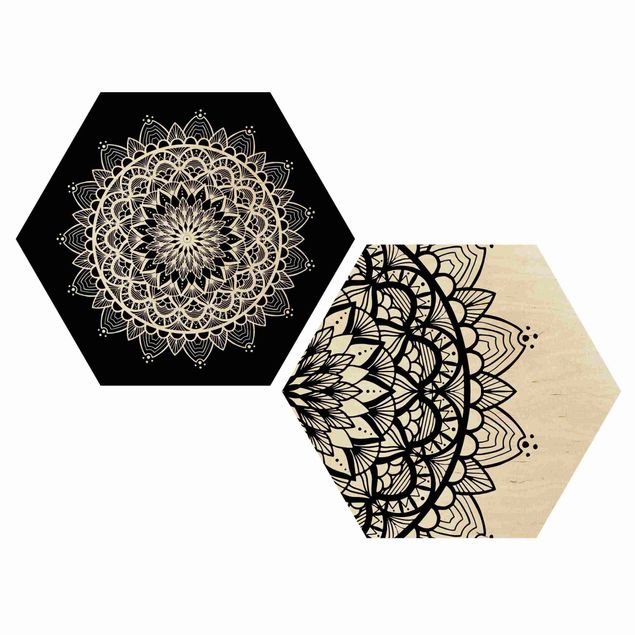 Esagono in legno - Mandala Illustrazione Shabby Set Nero Bianco