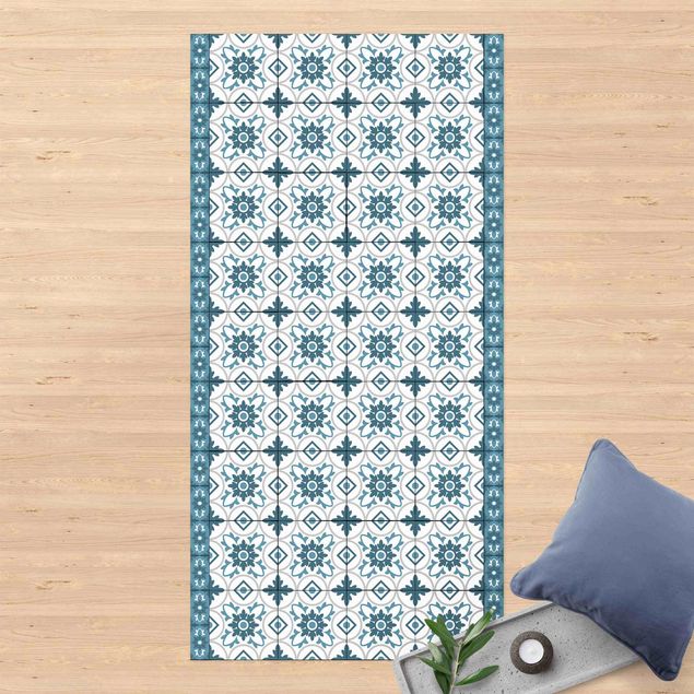 tappeto per terrazzo esterno Mix di piastrelle geometriche Fiore Blu Grigio