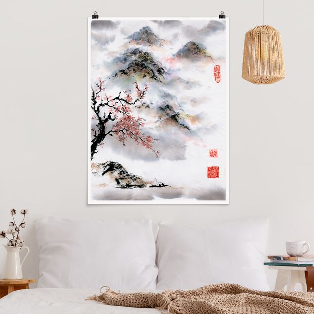 Quadro paesaggio Disegno acquerello giapponese Ciliegio e montagne