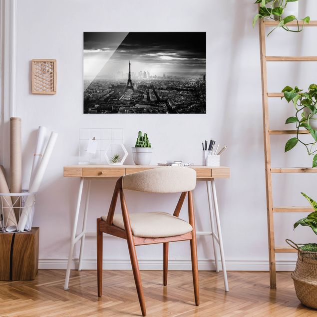 Quadri in vetro con architettura e skylines La Torre Eiffel dall'alto in bianco e nero