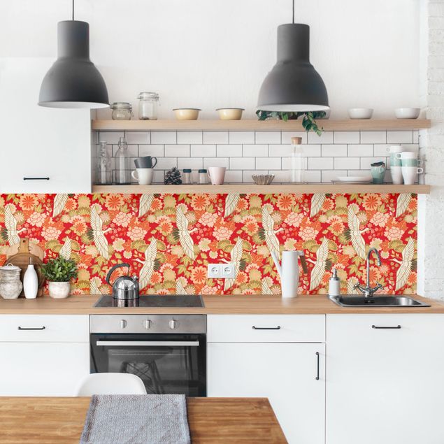 Rivestimenti per cucina con disegni Gru e crisantemi in rosso