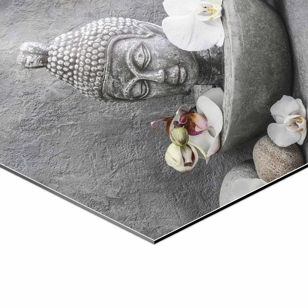 Stampe Buddha Zen, orchidea e pietra