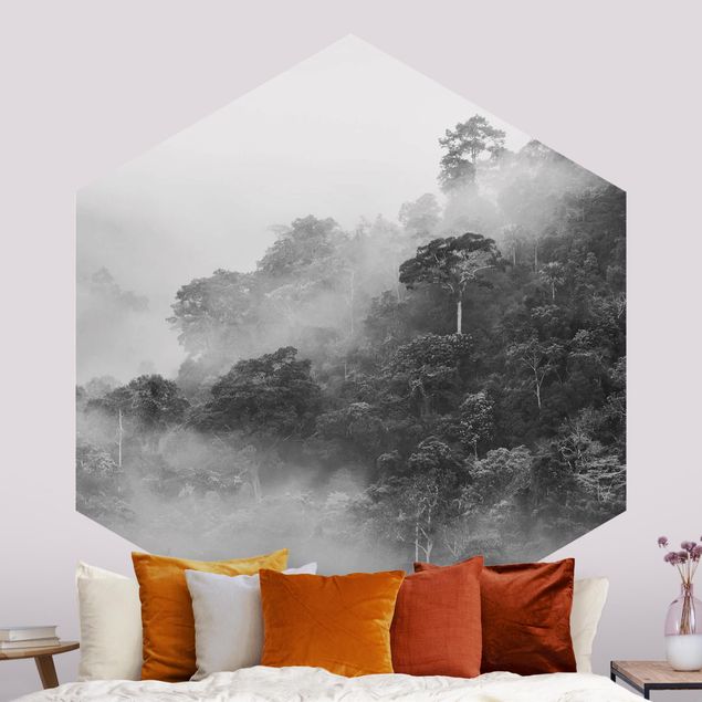 Carte da parati foresta Giungla nella nebbia in bianco e nero