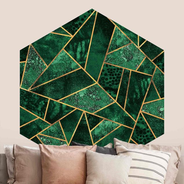 Carte da parati geometriche Smeraldo scuro con oro