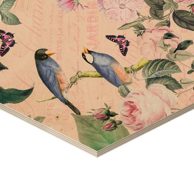 Stampe su legno Collage vintage - Rose e uccelli