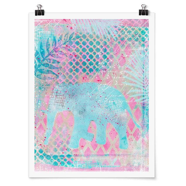 Quadri shabby Collage colorato - Elefante in blu e rosa