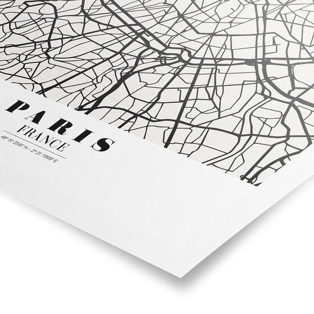 Poster bianco nero Mappa di Parigi - Classica