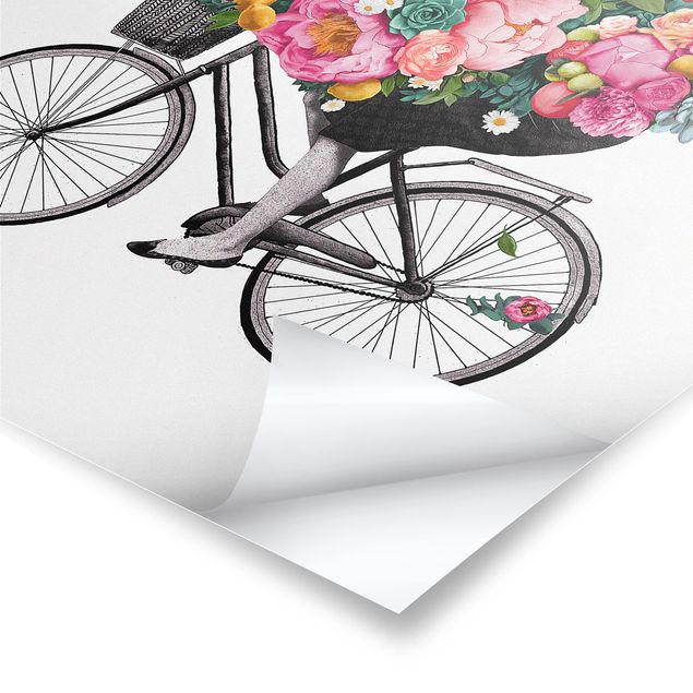 Poster da parete  Illustrazione - Donna in bicicletta - Collage di fiori colorati
