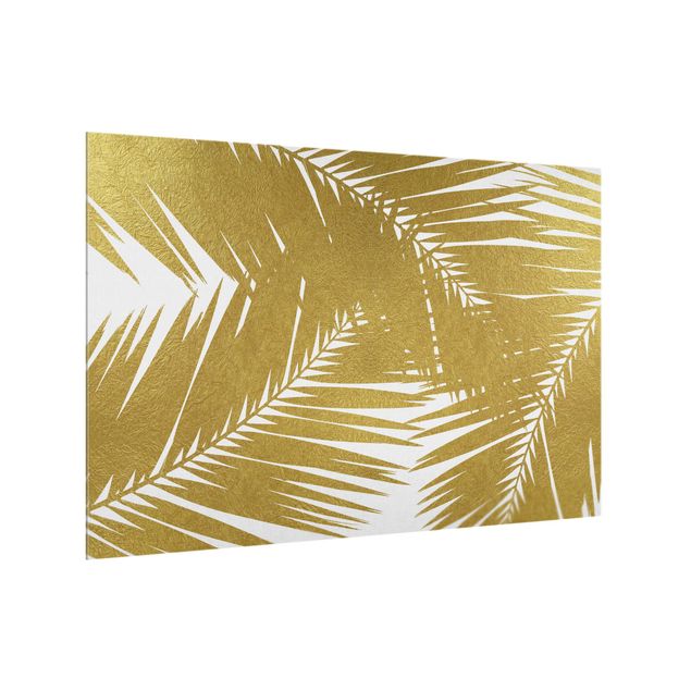 Paraschizzi con paesaggio Vista attraverso le foglie di palma dorate