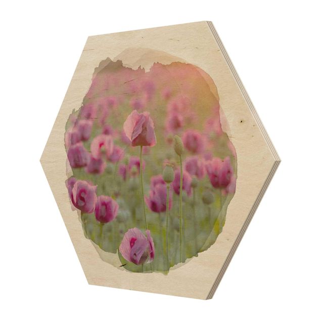 Esagono in legno - Acquarelli - Viola di papavero fiori di prato in primavera