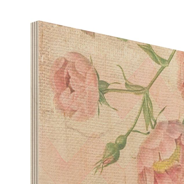 Quadri su legno Collage vintage - Fenicotteri con fiori rosa