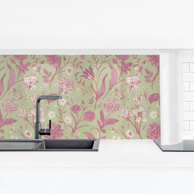 Rivestimento cucina con disegni Danza dei fiori in verde menta e rosa pastello