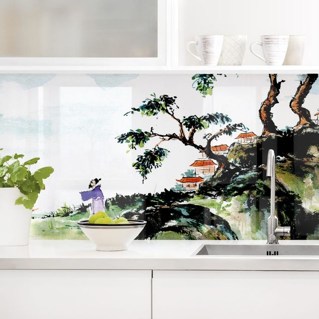 Rivestimenti per cucina con paesaggio Disegno giapponese ad acquerello di lago e montagne