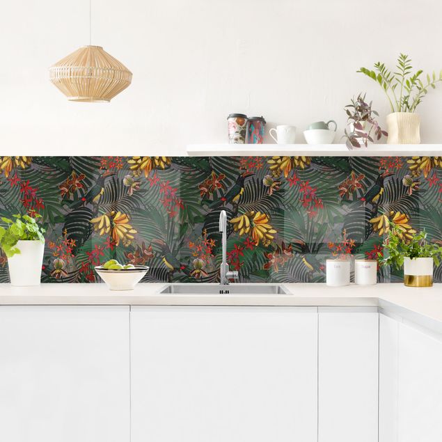 Rivestimenti per cucina con disegni Tropical Felci Con Tucan Verde
