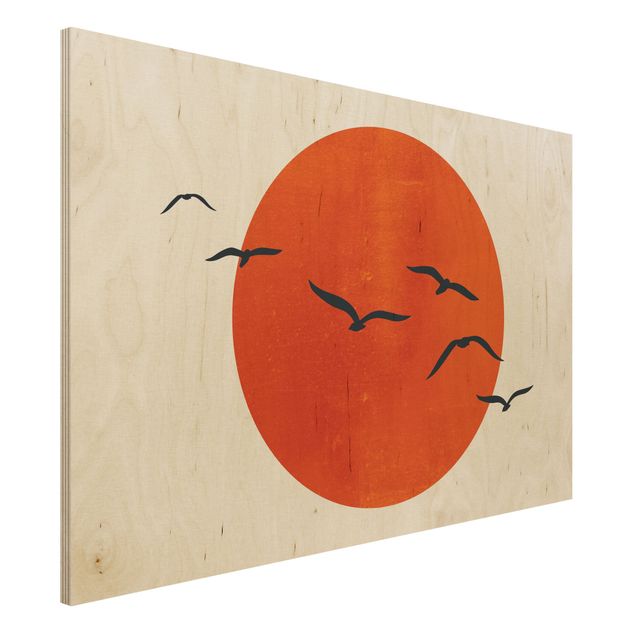 Quadri in legno con paesaggio Stormo di uccelli di fronte al sole rosso I