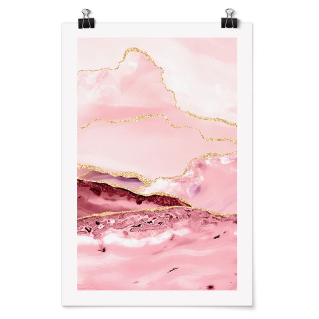 Riproduzioni quadri Montagne astratte rosa con linee dorate