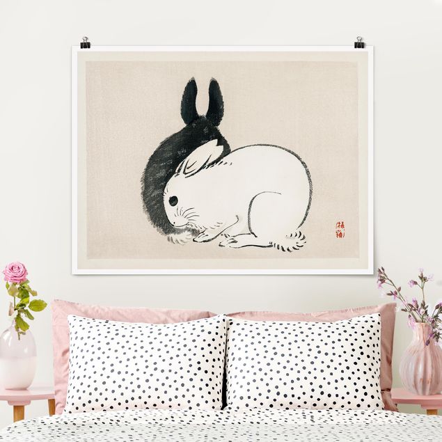 Poster retro Disegno vintage asiatico di due coniglietti
