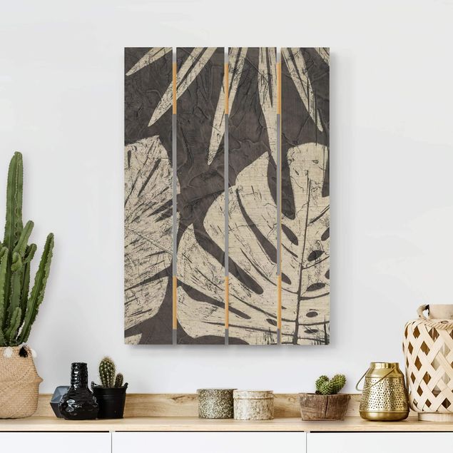 Quadri in legno con fiori Sfondo grigio scuro con foglie di palma