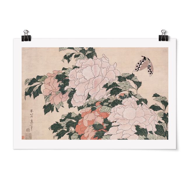 Quadro moderno Katsushika Hokusai - Peonie rosa con farfalla