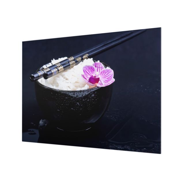 Paraschizzi cucina vetro Ciotola di riso con orchidea