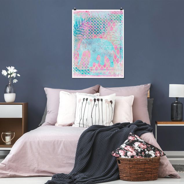 Quadri moderni   Collage colorato - Elefante in blu e rosa