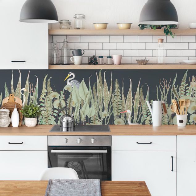 pannelli cucina Fenicottero e cicogna con piante sul verde