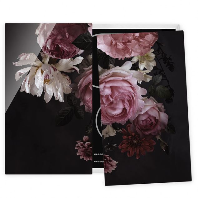 Coprifornelli in vetro - Pink Flowers On Black - 52x60cm
